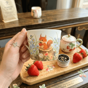 Close-up of the Manor Series Hand-painted Mug highlighting the artisanal hand-brushed squirrel motif holding a red strawberry.