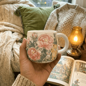 Hand holding the vintage Peony Bear Mug with hand-painted teddy bear and rabbit.