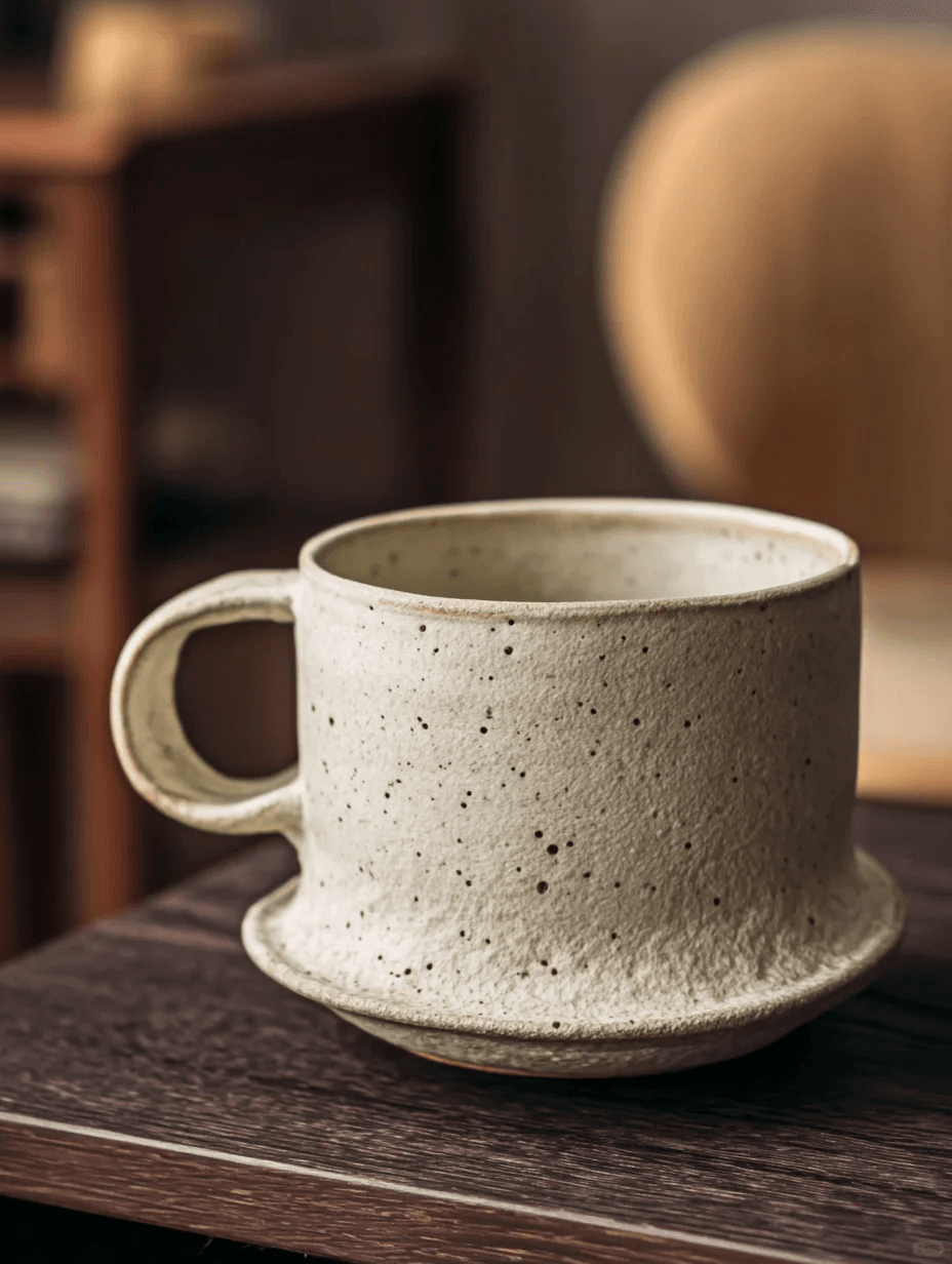 Close-up shot of a rustic raw mineral textured ceramic mug showing natural iron spots and earthy tactile finish.