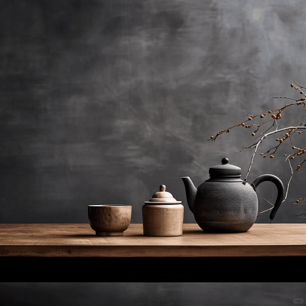 A minimalist zen tea set with a black ceramic teapot and cup on a rustic wooden table, representing the tea culture of Jingdezhen ceramics.